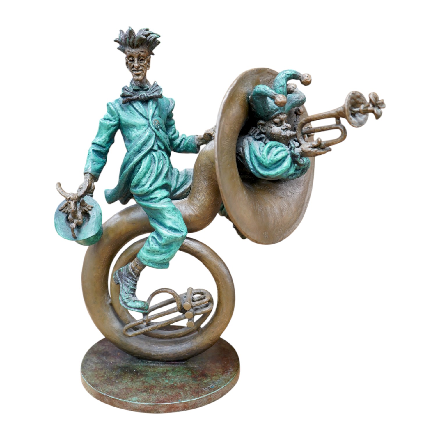 A Cirque du Soleil bronze sculpture of a clown on a sousaphone, after Sergey Bondarenko, script signature, 42cm high. Condition - good